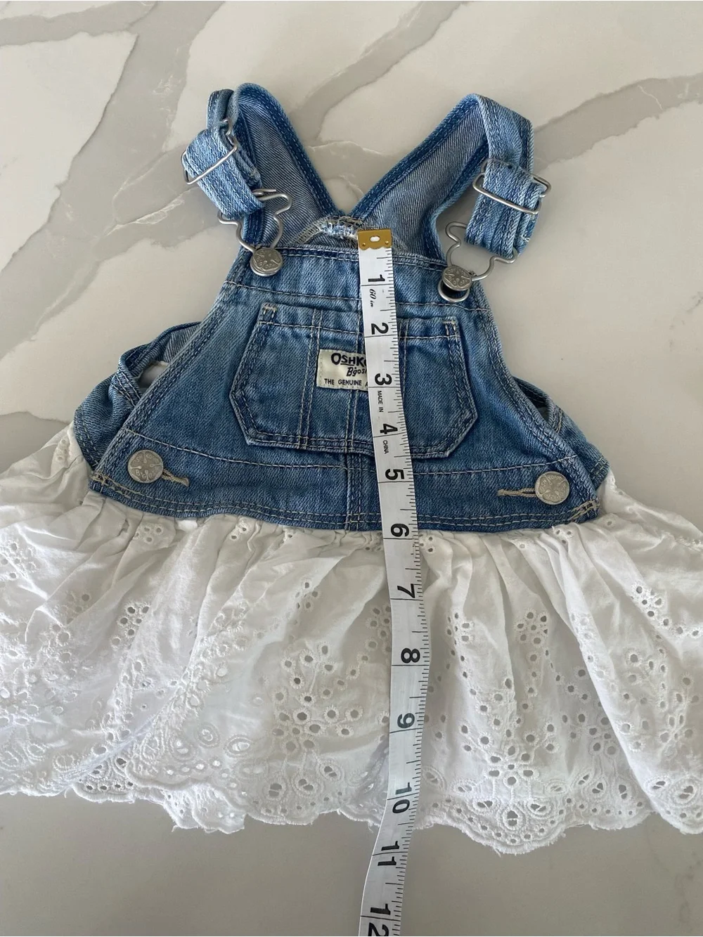 OshKosh B'gosh Denim Jumper Overall White Eyelet Lace Dress 6M